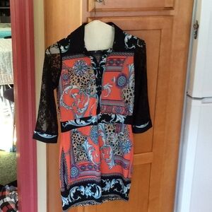 Patterned Mini Dress w/Lace Sleeves